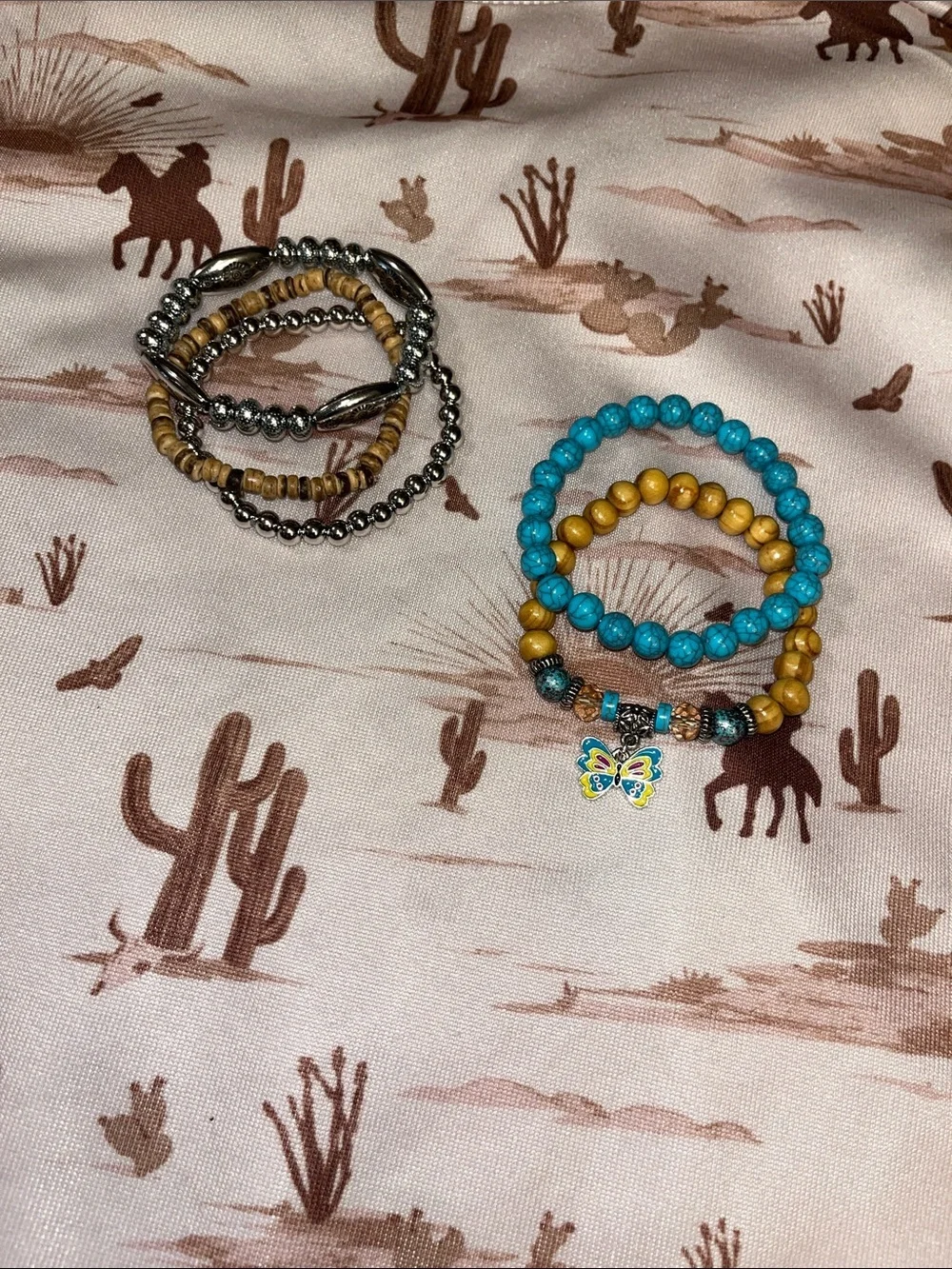 Fashion Jewelry Turquoise and Yellow Beaded Bracelet Stack with Butterfly Charm